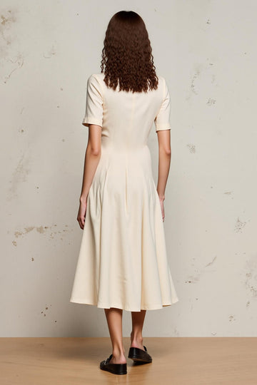 Ivory A Line V Neck Midi Work Dress with Sleeves